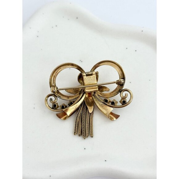 Vintage Ribbon Tassle 12k Gold Filled & Rhinestone Accented Retro Brooch Pin - Picture 6 of 6